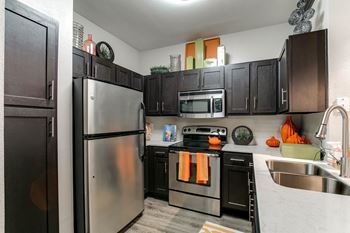 a kitchen with stainless steel appliances and black cabinets